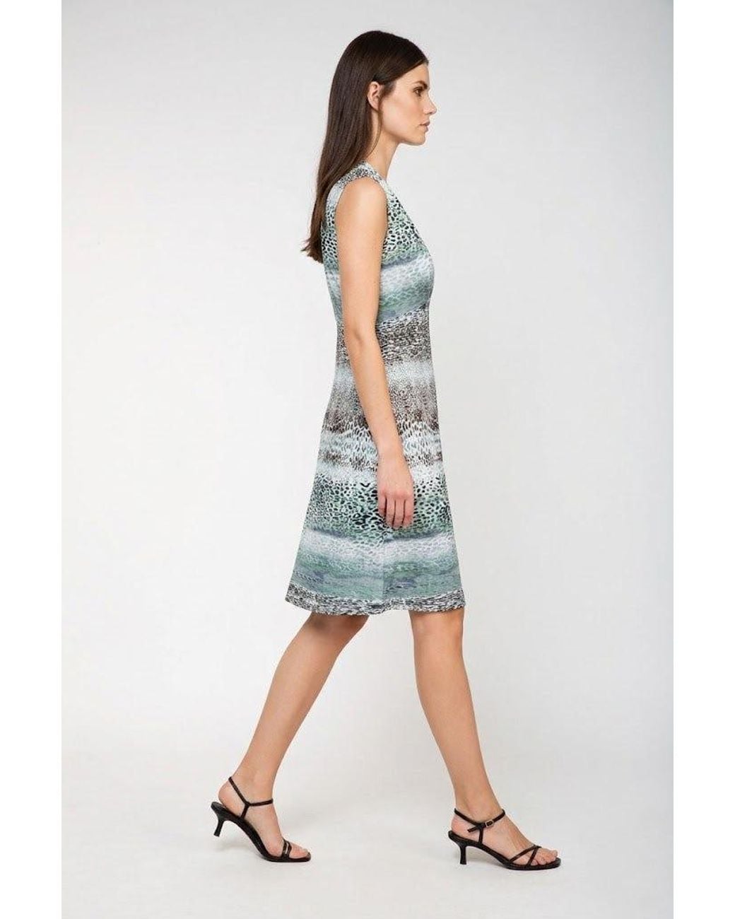 Conquista Blue Elegant V-Neck Printed Midi Dress With Flowing Silhouette
