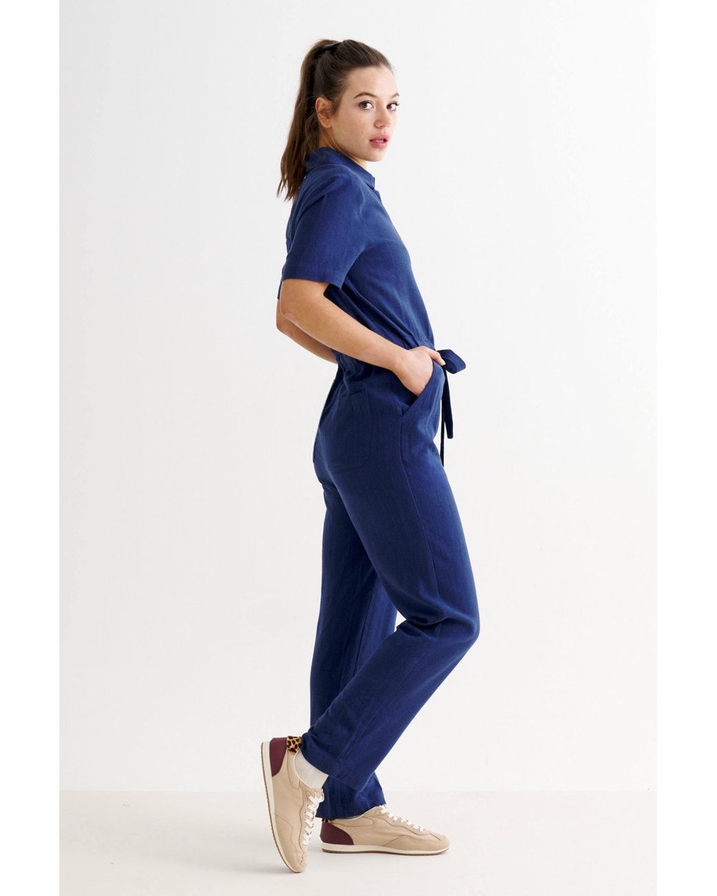 Louche Blue Justin Linen Mix Short Sleeve Jumpsuit