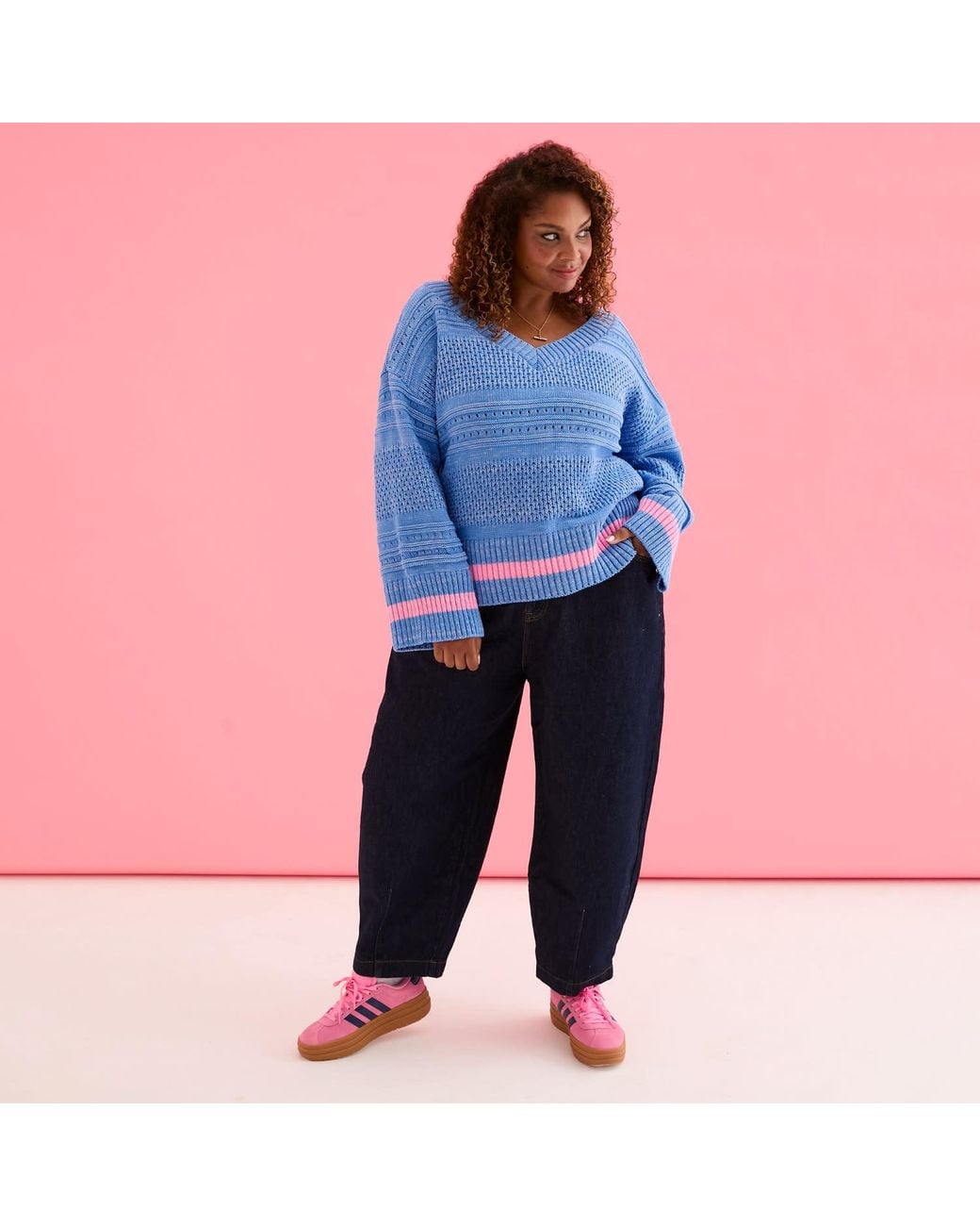 Cara & The Sky Blue Judith Pointelle Stitch V Neck Jumper
