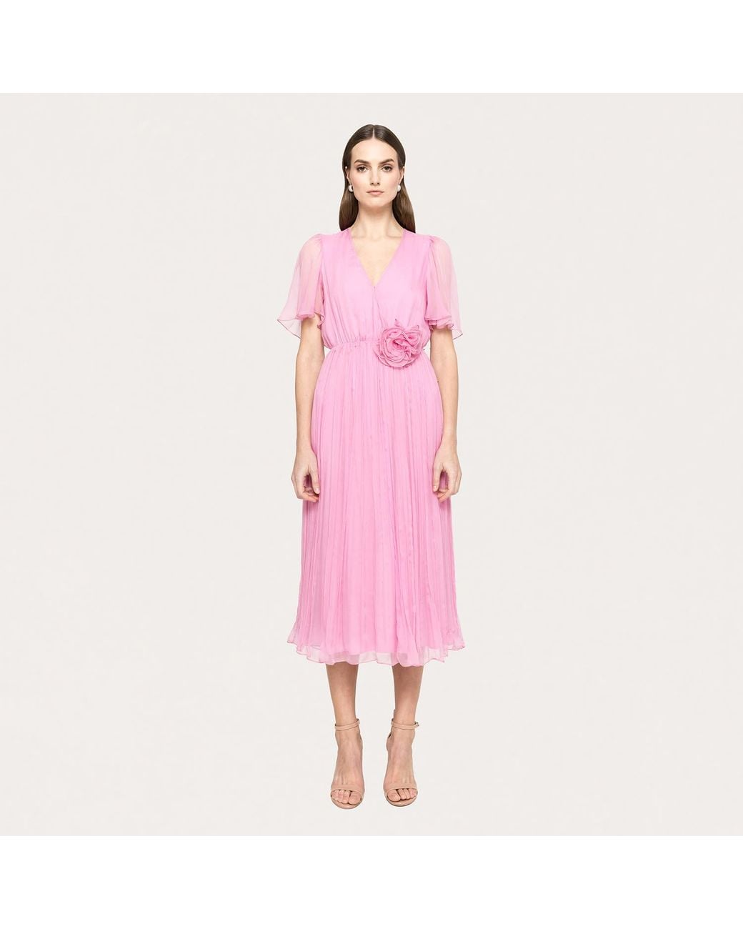 Nissa Pink Floral-Appliqué Silk Midi Dress Baby