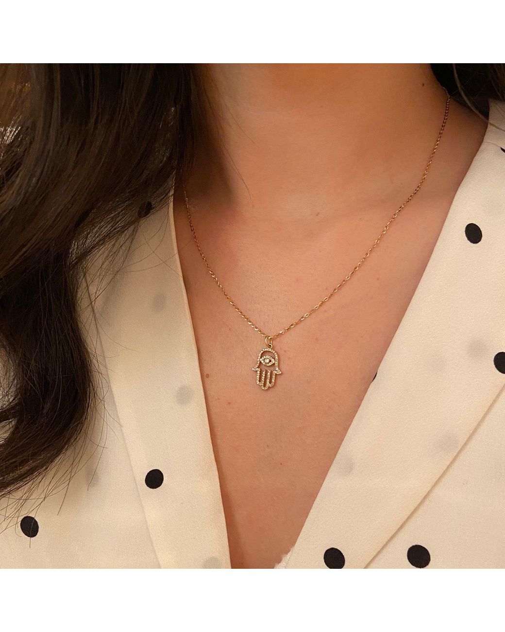 KAMARIA Metallic Evil Eye Hamsa Hand Necklace With Diamonds