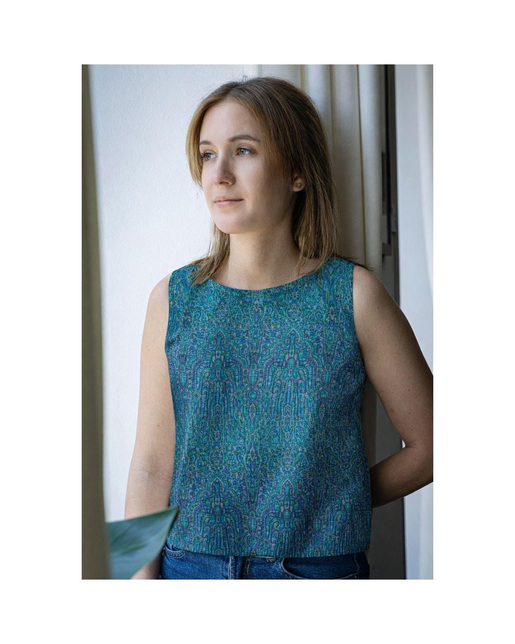 Stovaria Blue Embroidered Pure Tussar Silk Sleeveless Top With Wooden Button