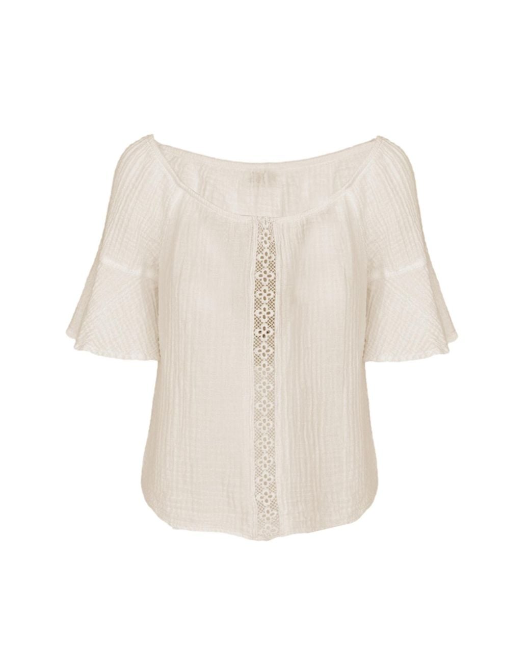 Haris Cotton Natural Off Shoulder Textured Cotton Blouse With Sheer Lace