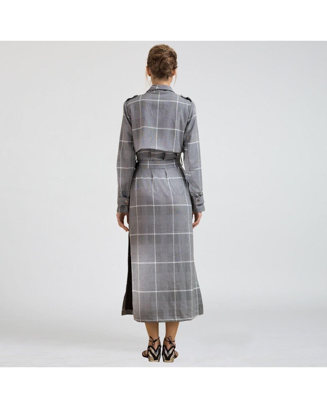 Smart and Joy Gray Long Tartan Coat