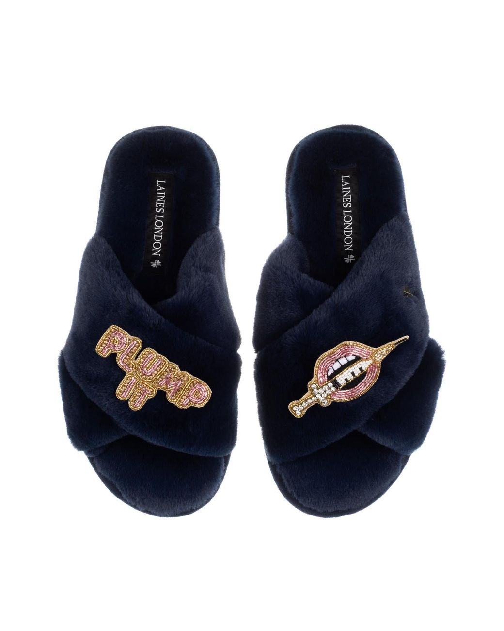 Laines London Blue Classic Laines Slippers With Plump It Pout Brooches