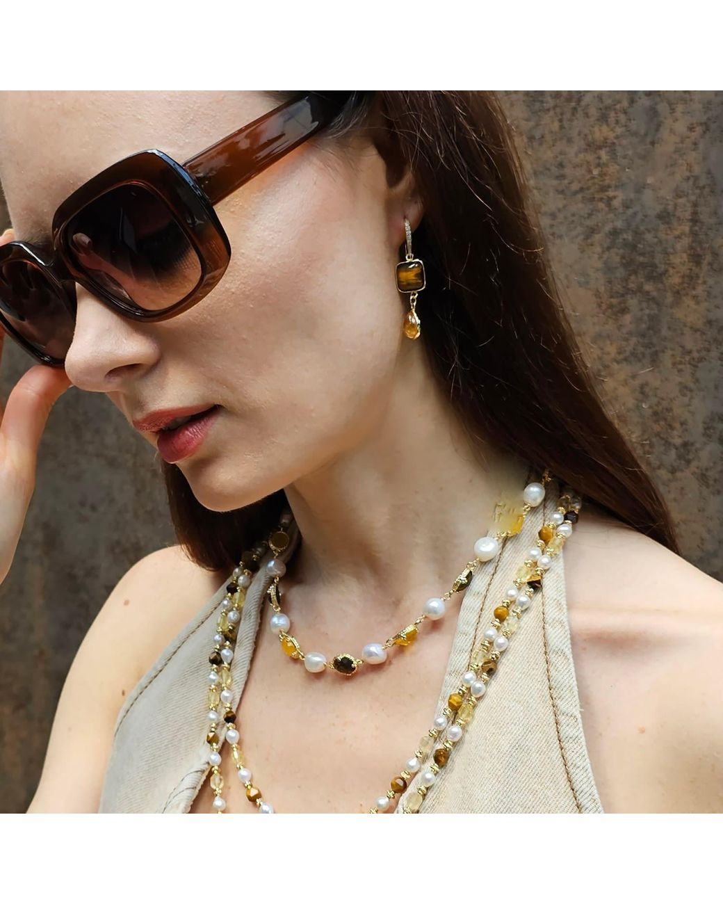Farra Metallic Tiger Eye With Citrine Dangle Comfort Earrings