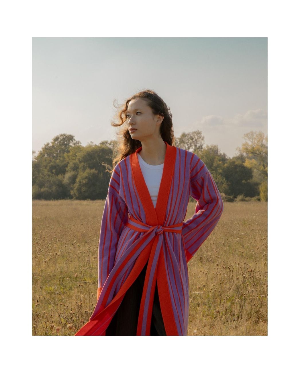 INGMARSON Red Thin Striped Long Wool & Cashmere Cardigan
