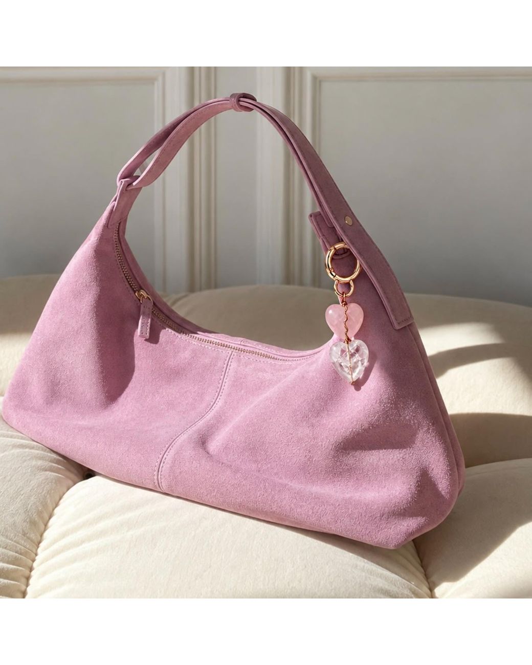 Mineralgems•Studio Pink Rose Quartz & Clear Quartz Bag Charm