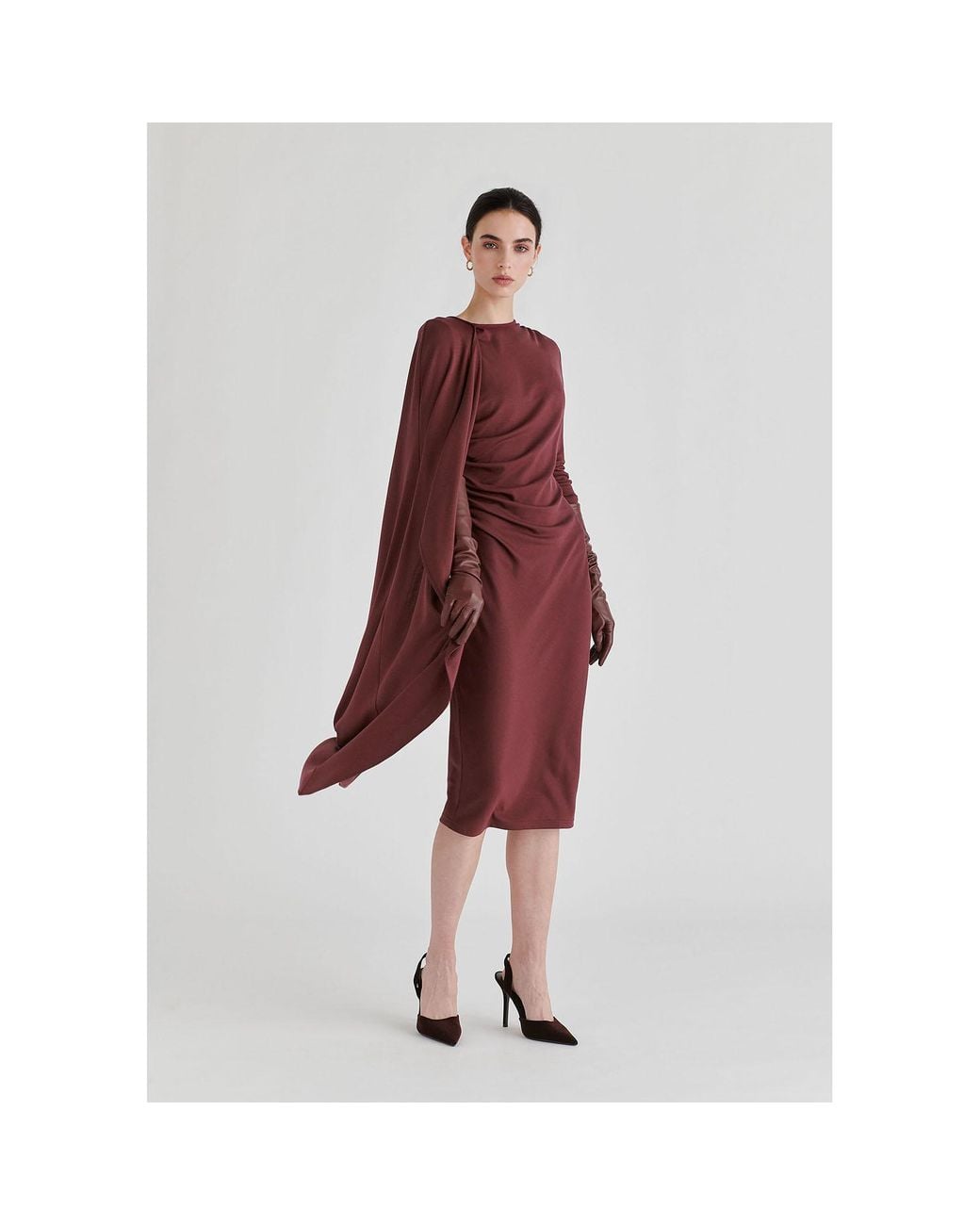 Paisie Red Asymmetrical Cape Sleeve Lyocell Jersey Midi Dress