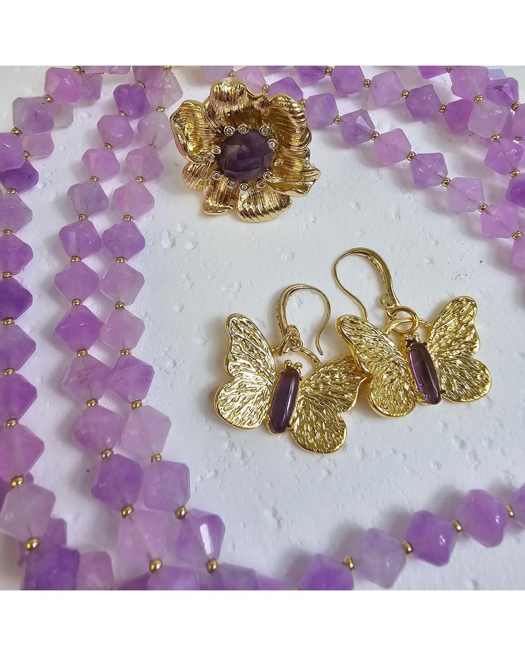 Farra Metallic Butterfly With Amethyst Stone Dangle Earrings