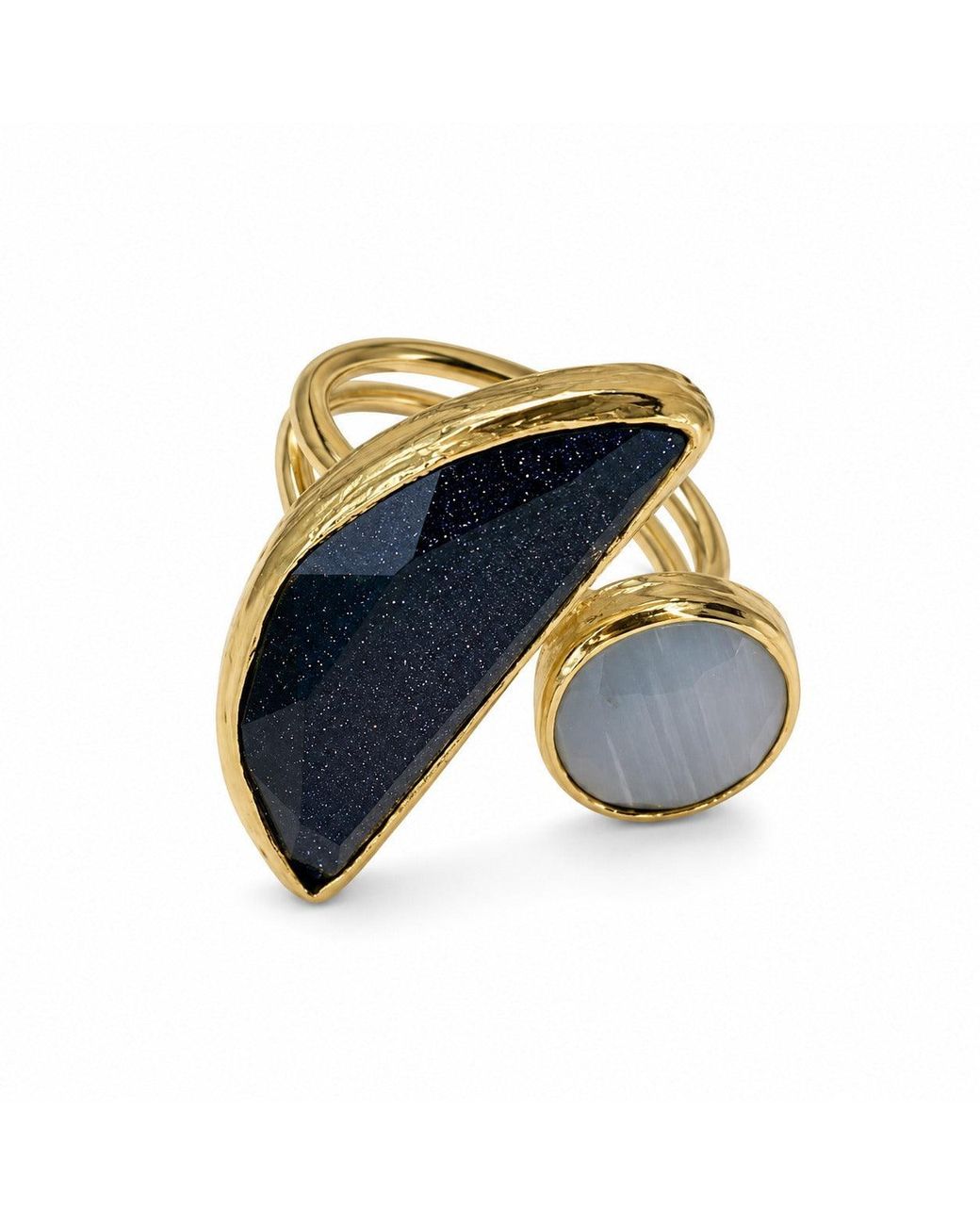By Ozge Blue Moonlit Eclipse Goldstone & Moonstone Plated Adjustable Ring