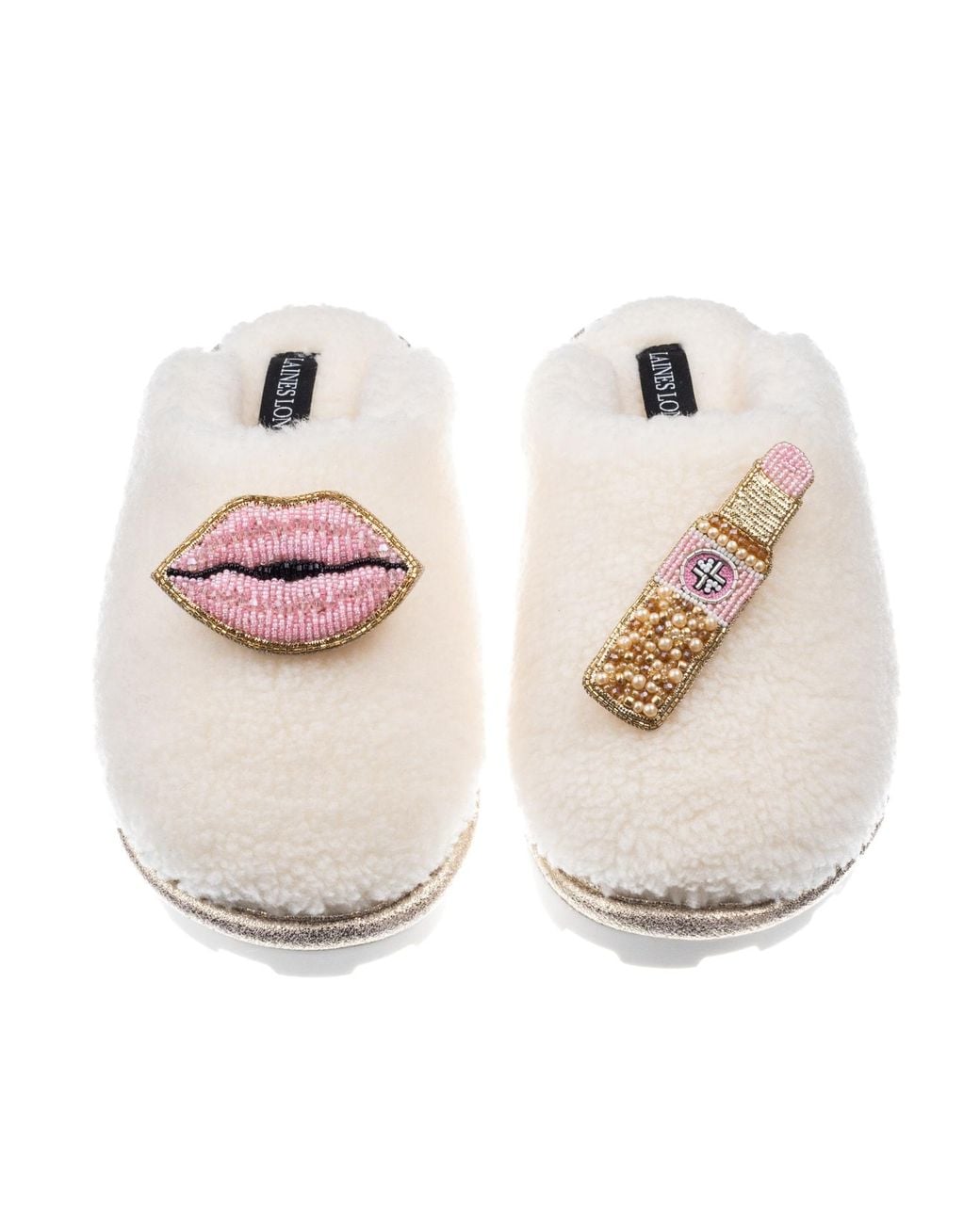 Laines London Pink Faux Fur Closed-Toe Slippers With Brooches