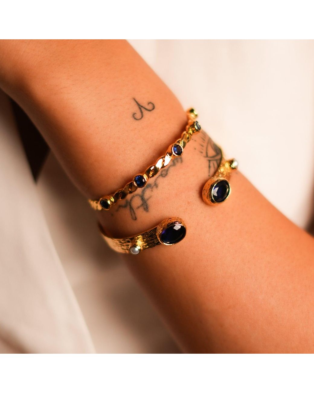 Ebru Jewelry Metallic Twisted Sapphire & Dainty Cuff Bracelet