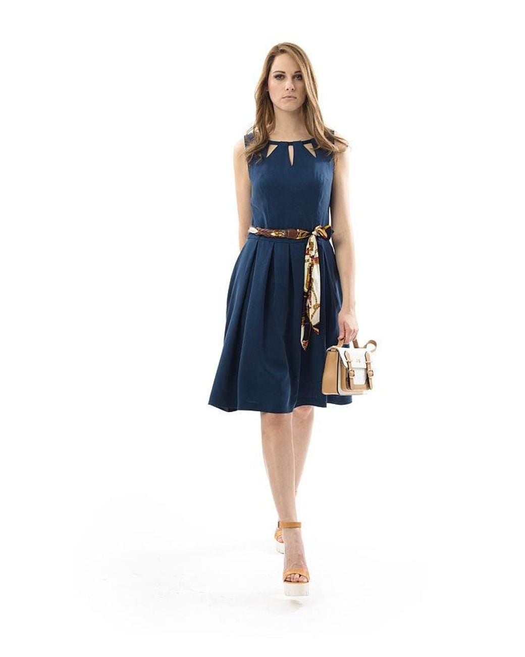 Conquista Blue Sleeveless Pleat Detail Dress