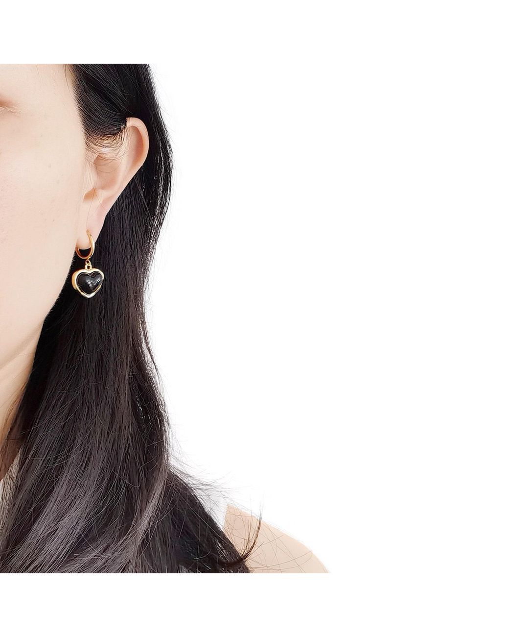 POPORCELAIN Black Porcelain Heart Clip-On Hoop Earrings