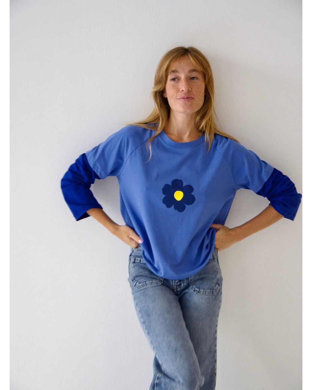 Mind Traveler Blue Double Sleeve Cropped Aria T-Shirt With Flower Detail