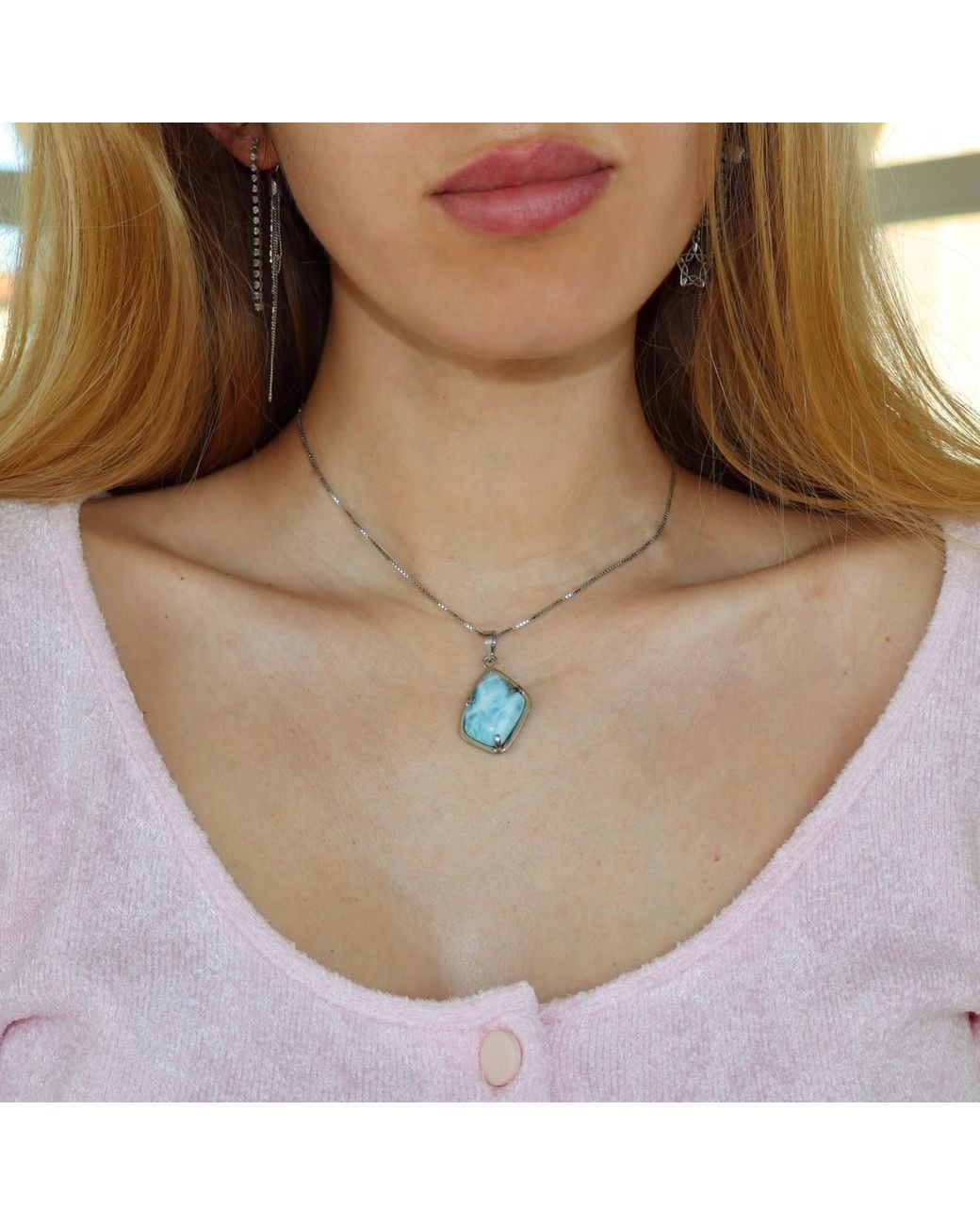 Mineralgems•Studio Blue Ocean Larimar Pendant With Sterling Chain