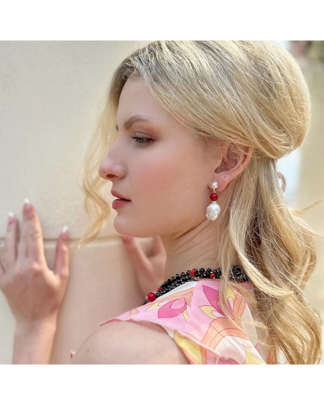 Farra Red Baroque Pearl With Coral Clip-On Earrings