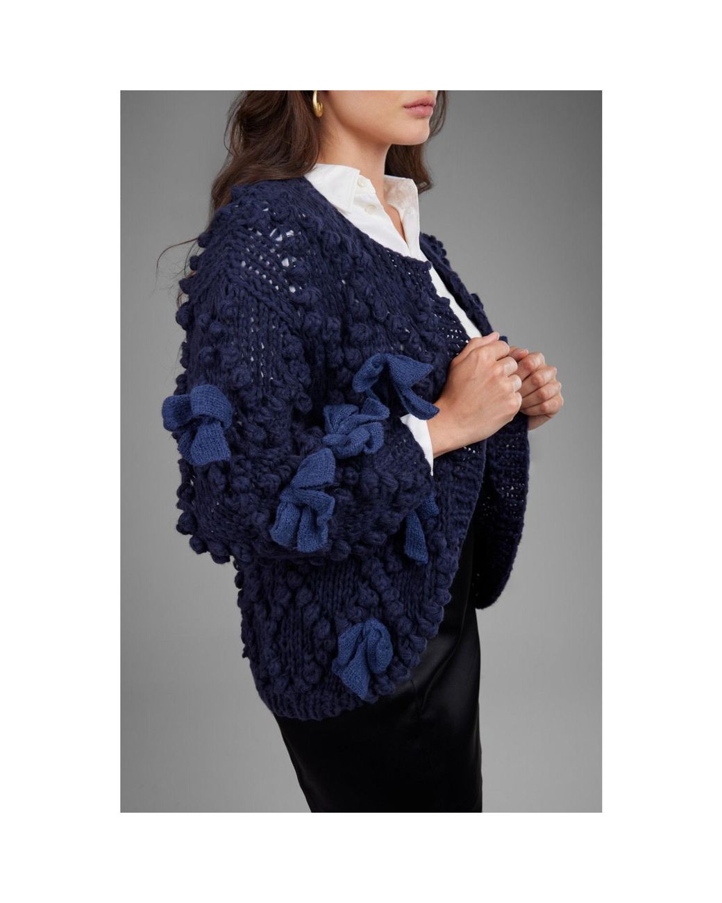 Saachi Blue Textured Bow Cardigan Sweater