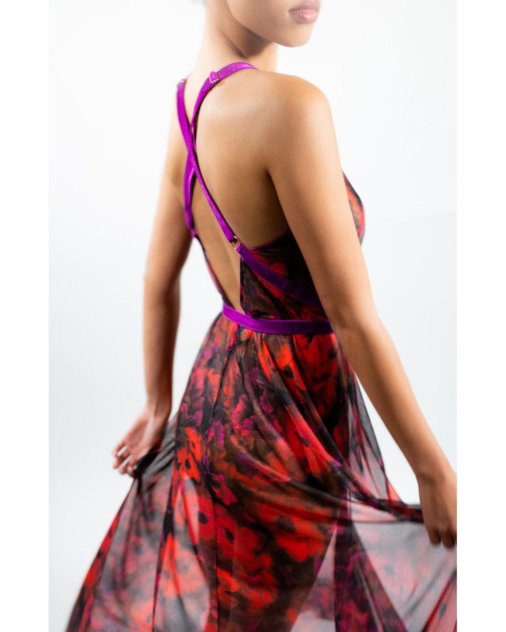 Carol Coelho Red The Poppy Printed Tulle Gown