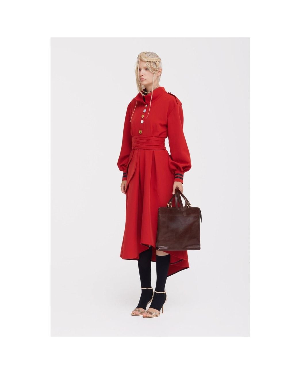 Julia Allert Red Double-Collar Belted A-Line Midi Dress –