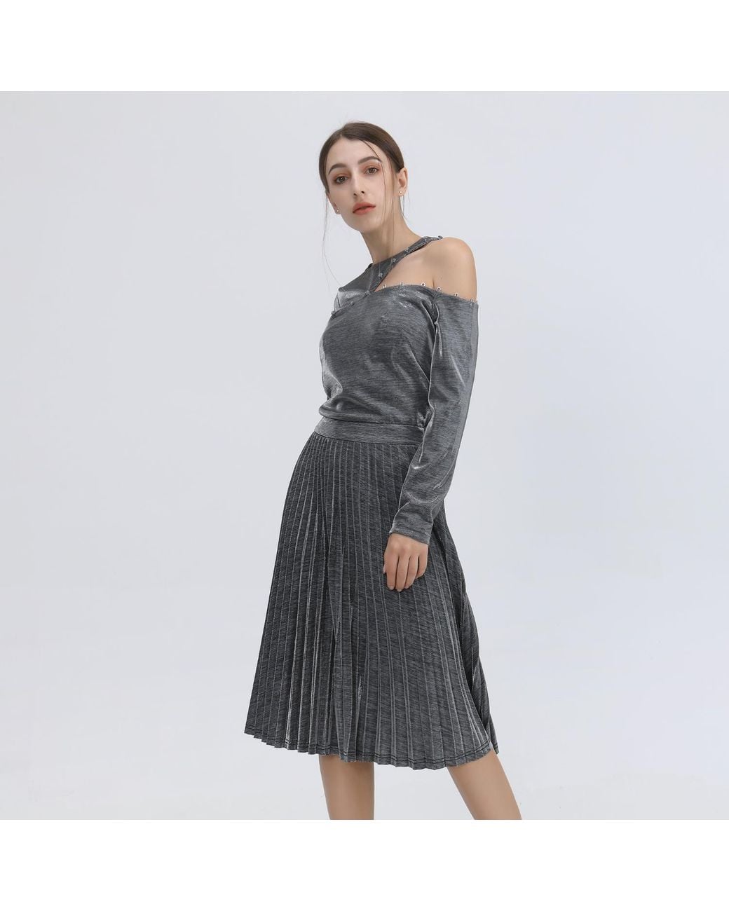 Smart and Joy Gray Asymmetric One Off-Shoulder Shiny Top