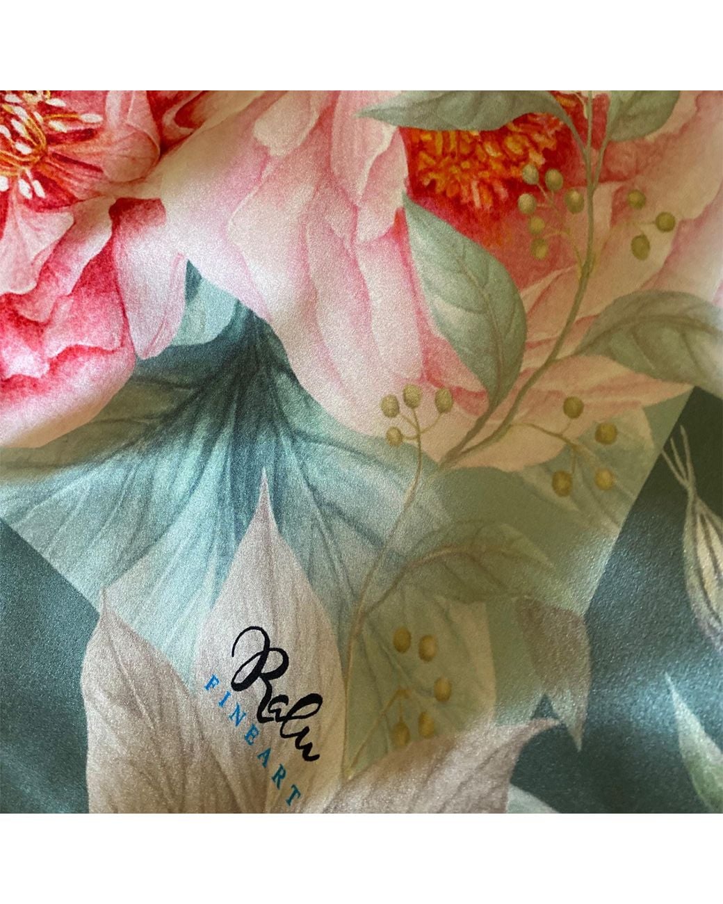 Ralufineart Green Silk Scarf Peonies Serenade