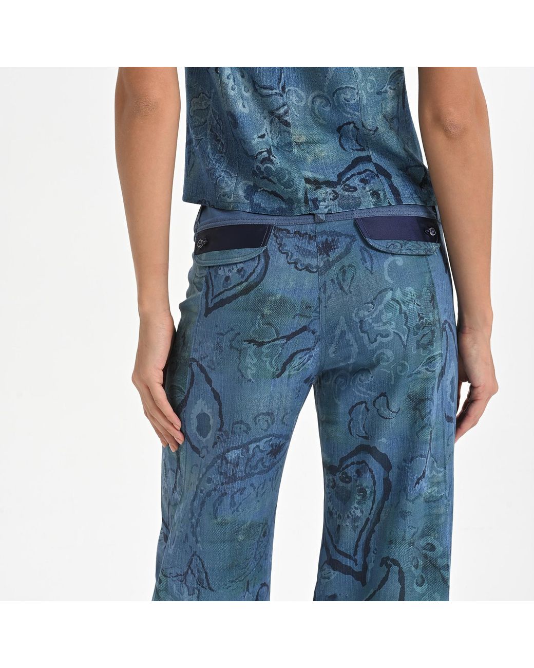Lalipop Design Blue Stylised Floral Denim-Look Wide-Leg Pants