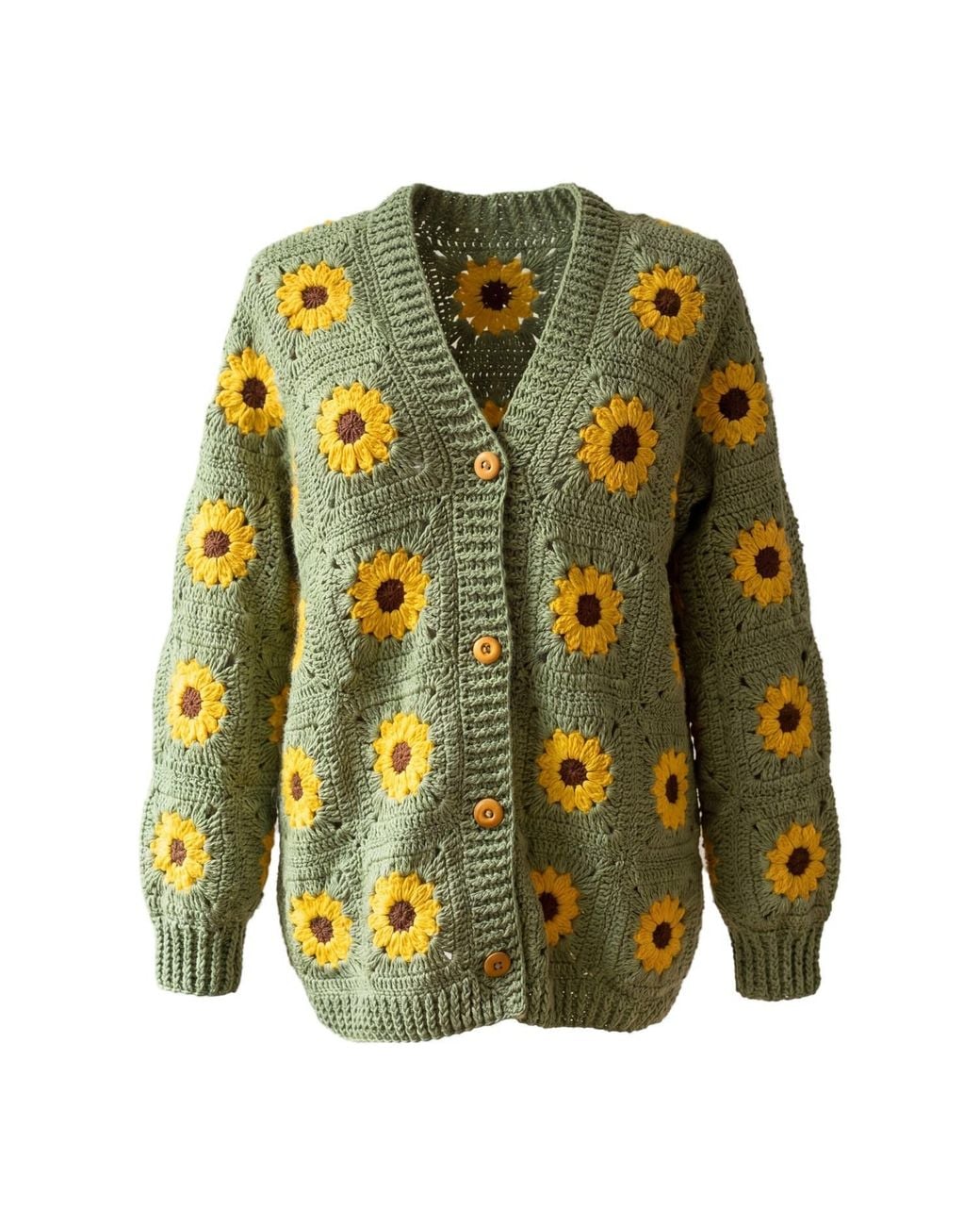 Ana Chic Green Sage Sunflower Button Front Handmade Crochet Cardigan