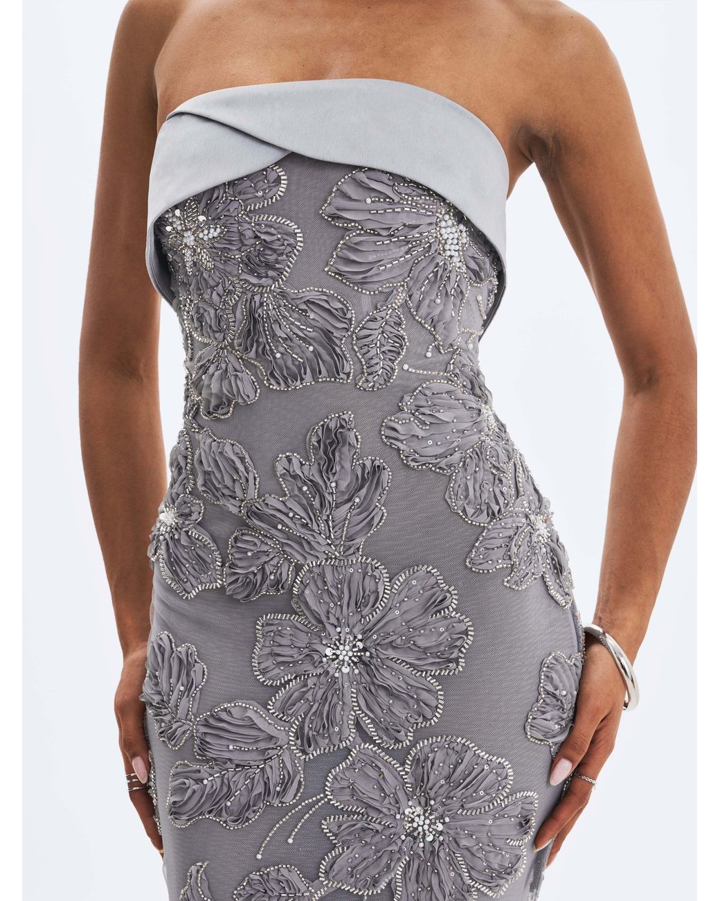 Miss Circle New York Gray Raphaela Beaded Floral Strapless Mermaid Maxi Dress