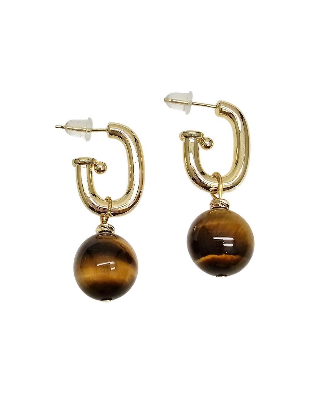 Farra Metallic Tiger-Eye Stone Dangle Modern Hoop Earrings