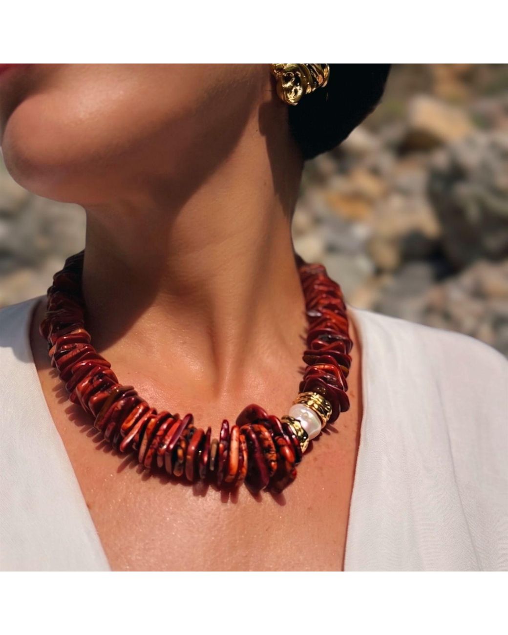LINYA JEWELLERY Red Baroque Pearl Coral Stone Necklace