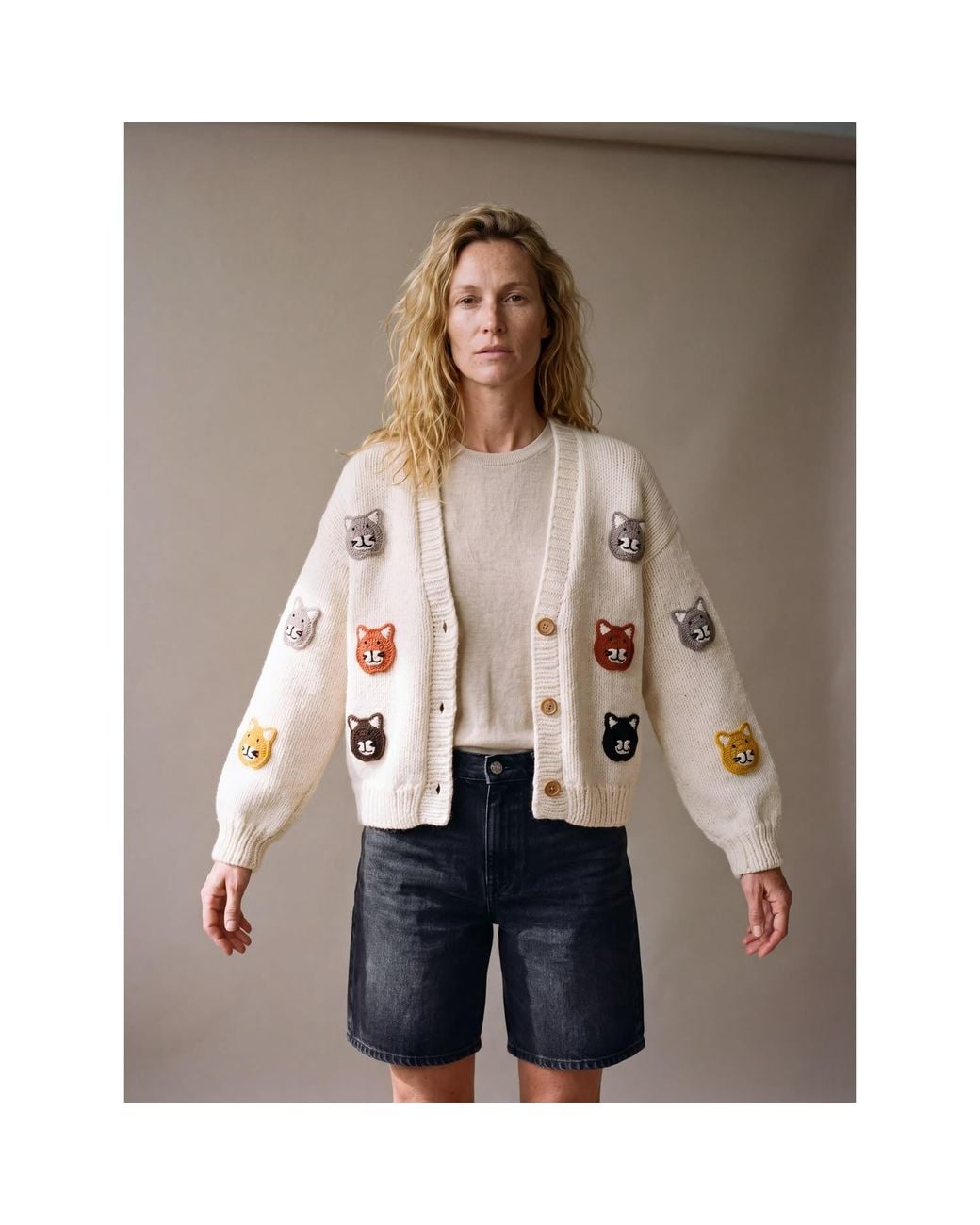 Ana Chic Natural Neutrals Cat Motif Handmade Knitted Cardigan