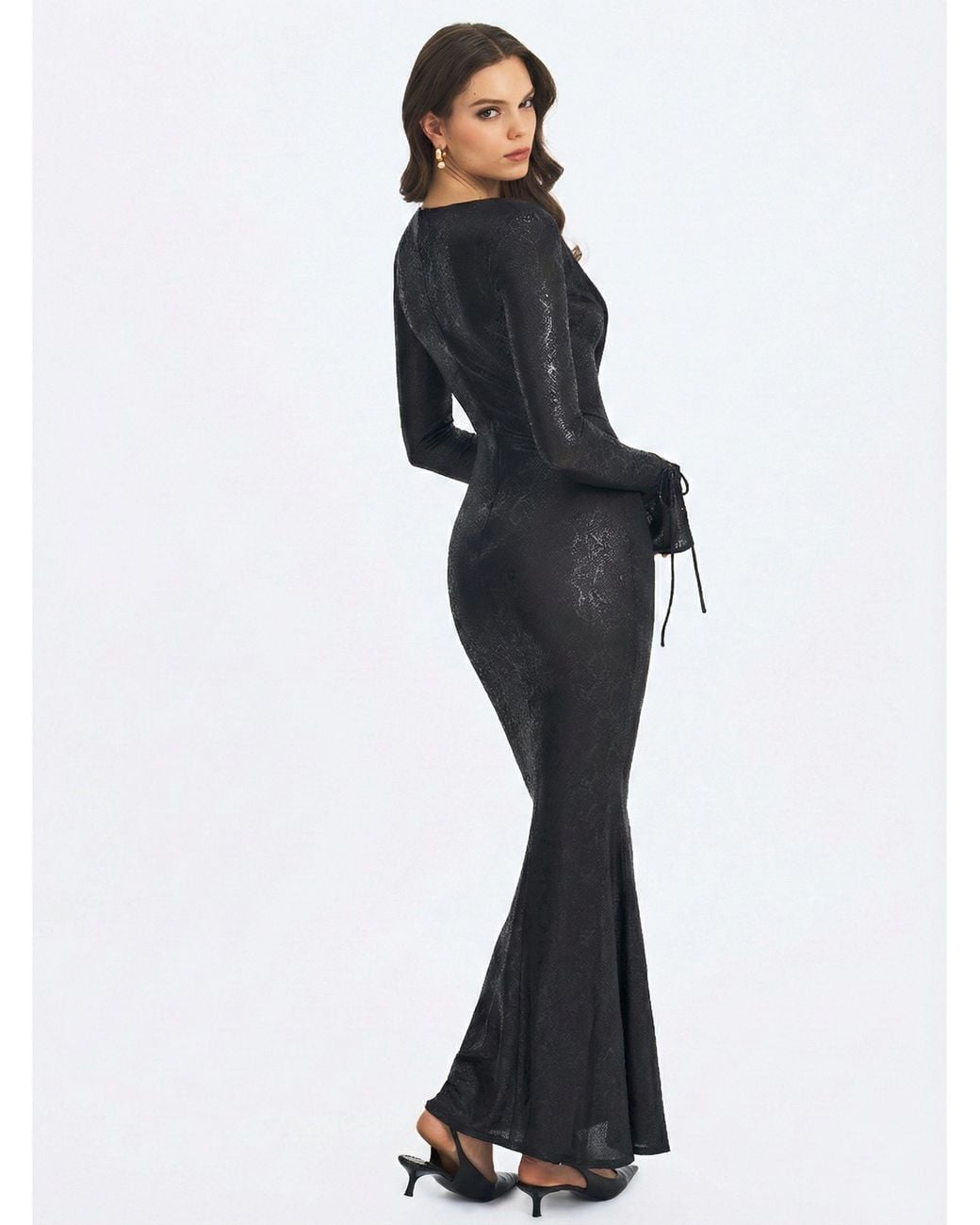 Miss Circle New York Black Ilysia V-Neck Plunge Snakeskin Mermaid Hem Maxi Dress