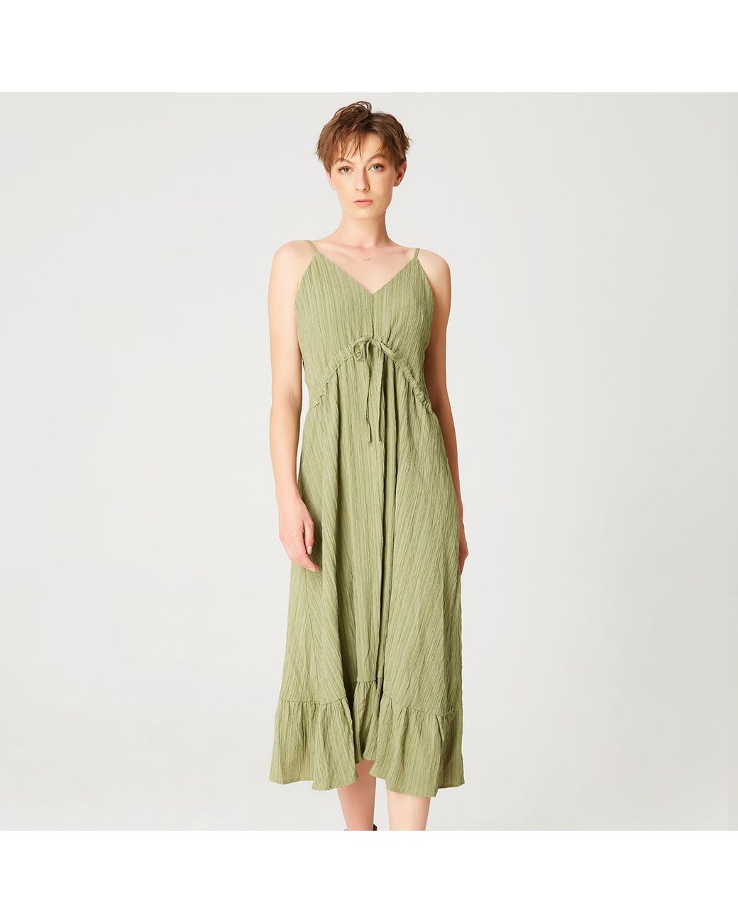 Smart and Joy Green Trapeze Midi Dress With Drawstring And Thin Shoulder Straps