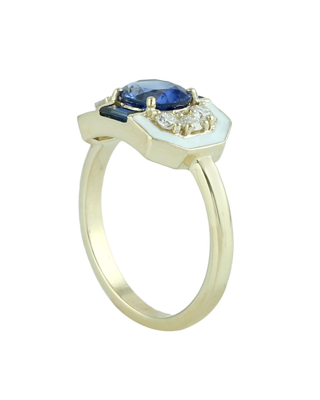 Artisan Blue 14K Sapphire, Diamond & Enamel Art Deco Ring