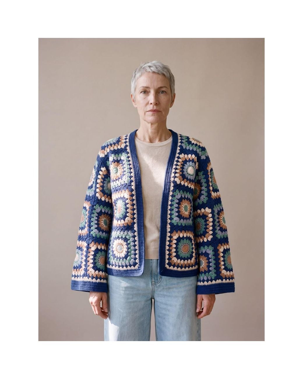 Ana Chic Blue Sunburst Handmade Crochet Cropped Cardigan