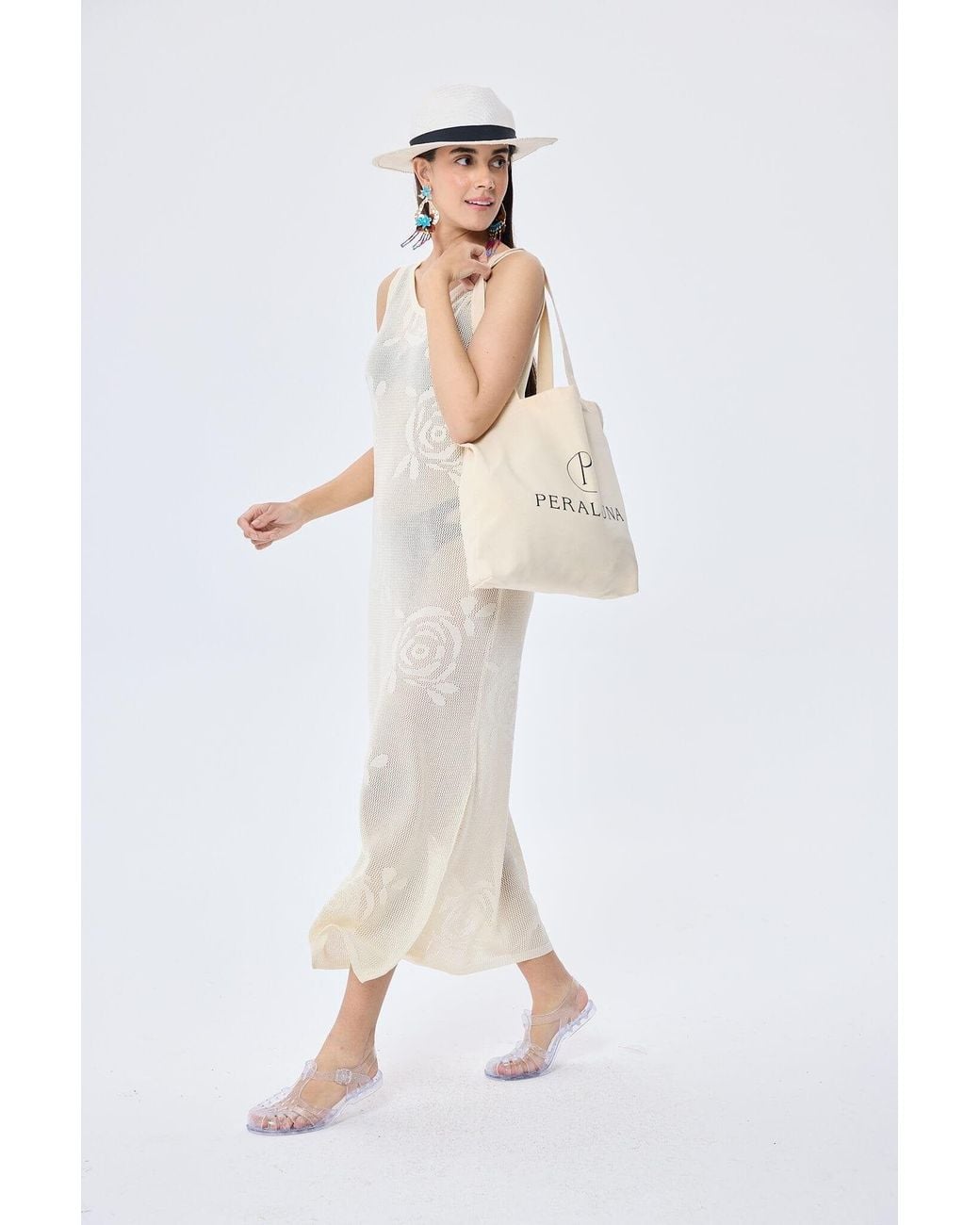 Peraluna White Neutrals Honeymoon Openwork Knit Beach Dress