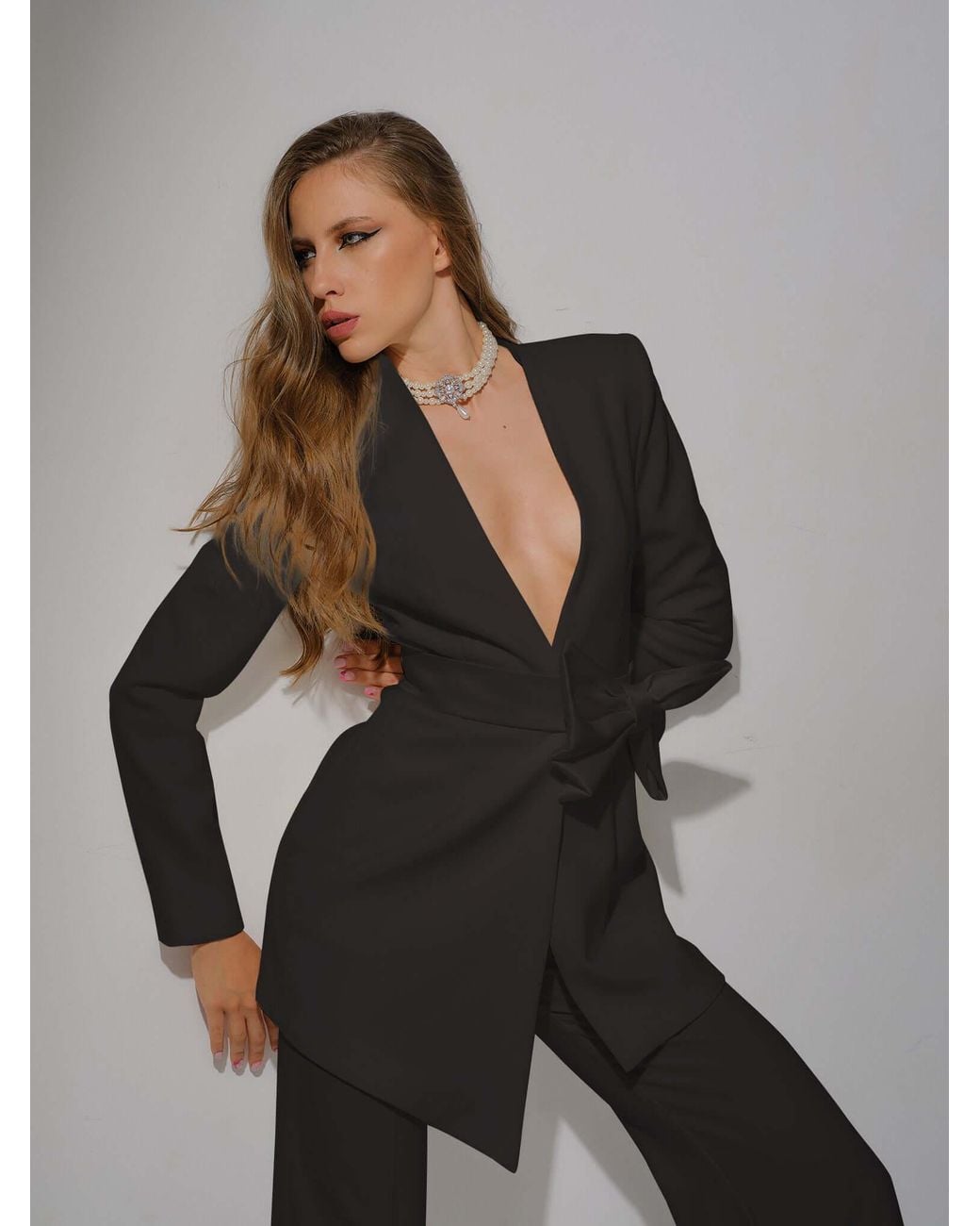 Tia Dorraine Black Pearl Blazer With Detachable Bow Belt