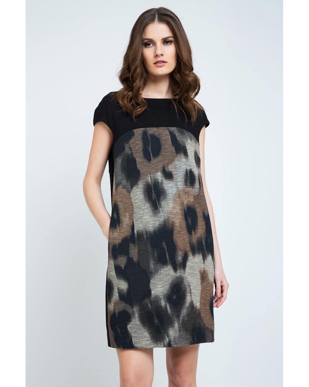 Conquista Black Abstract Print Sack Dress With Pockets