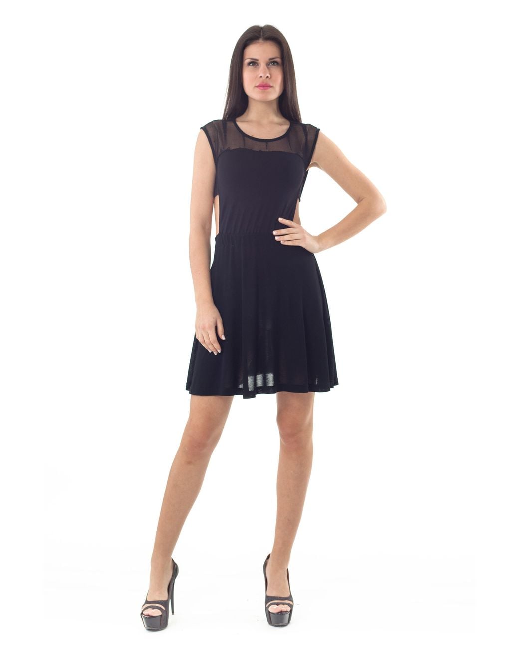 Conquista Black Sheer Detail Skater Dress