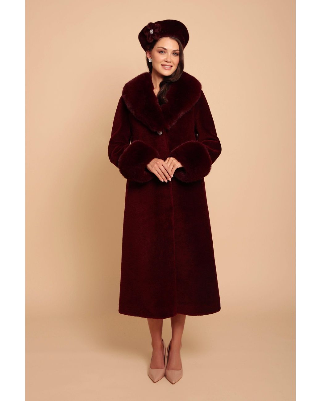 Santinni Red Sunset Boulevard Long Wool Coat With Faux Fur Collar