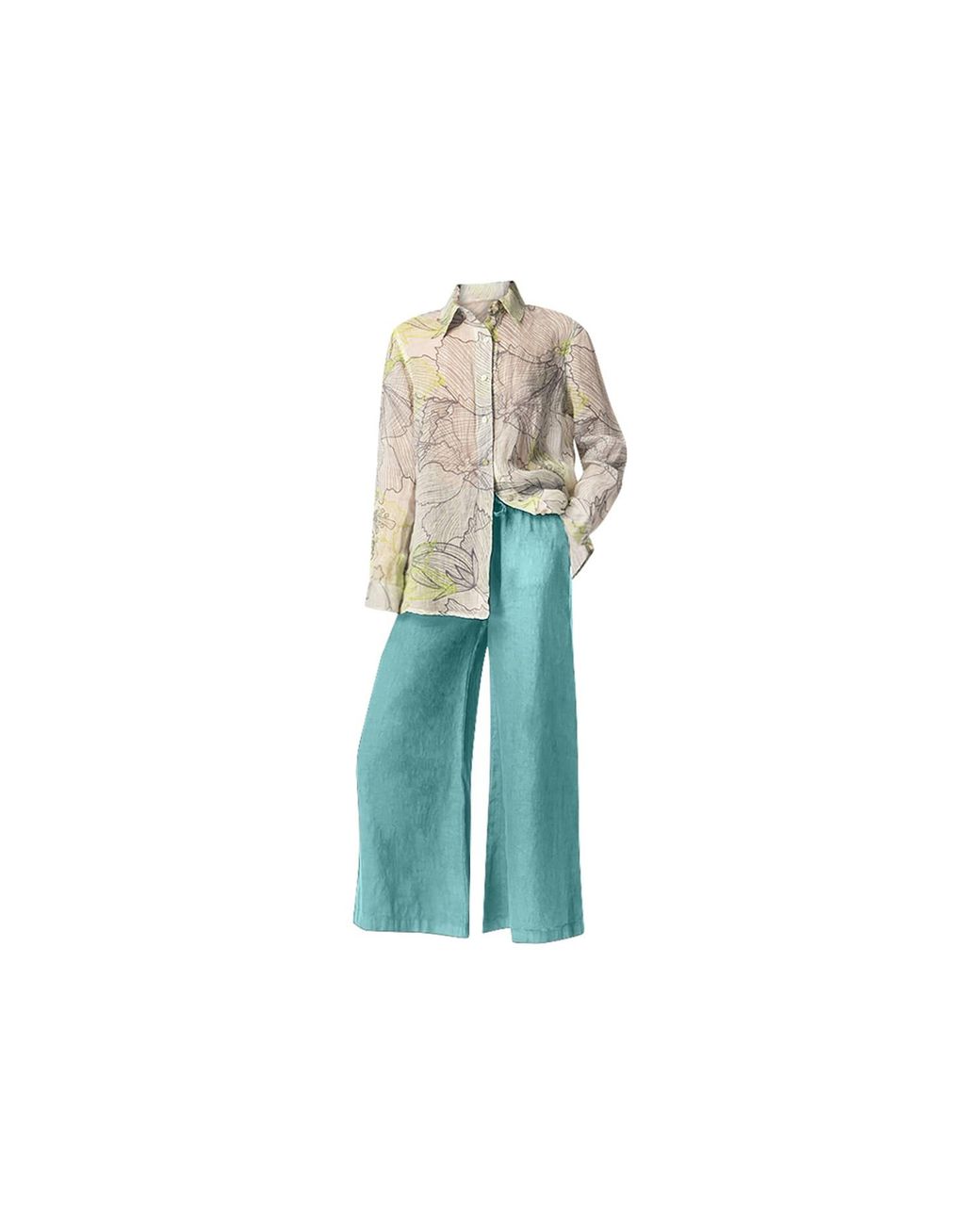 Haris Cotton Blue Drawstring Waist Wide Leg Linen Pants Crystal