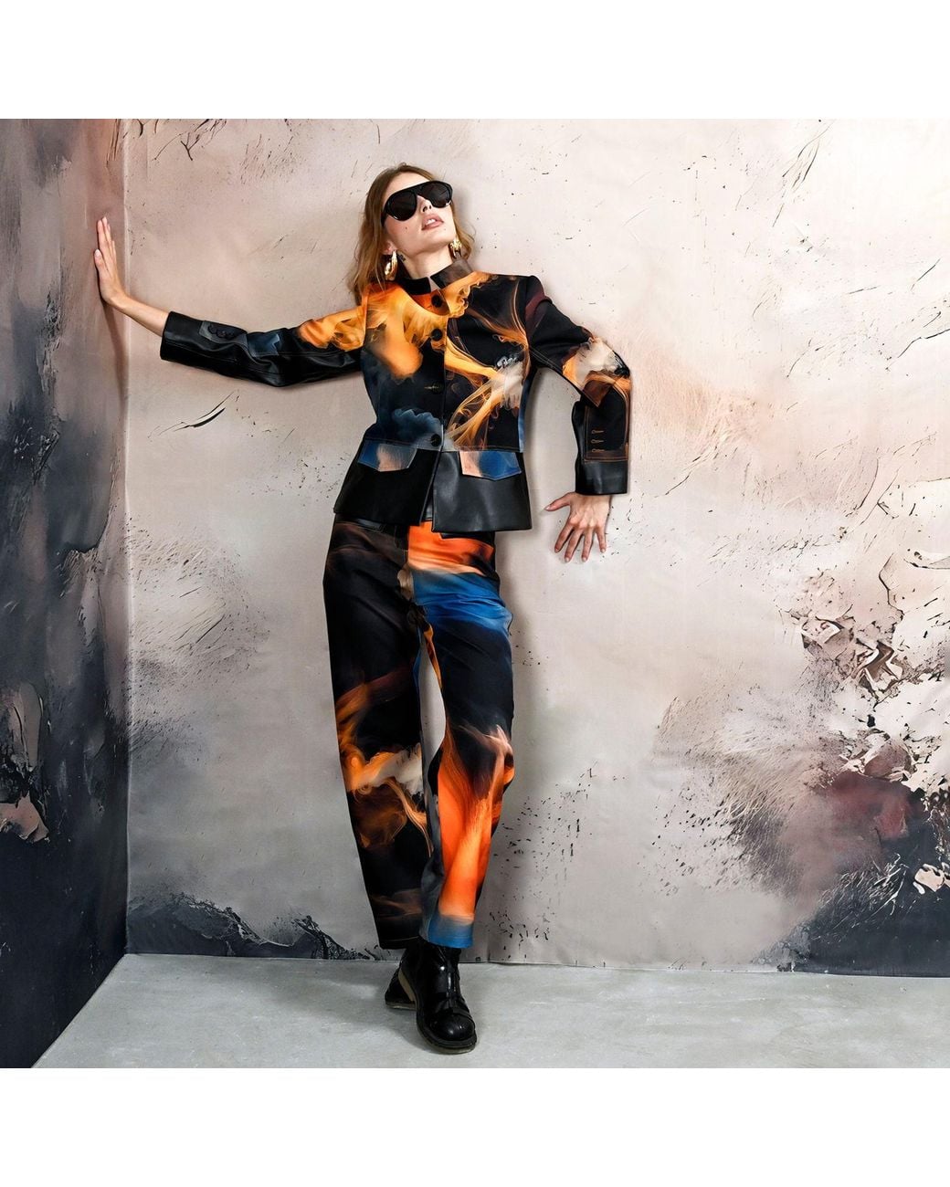 Lalipop Design Blue Cropped Jacket With Vegan Leather Trim And Digital Flame Print