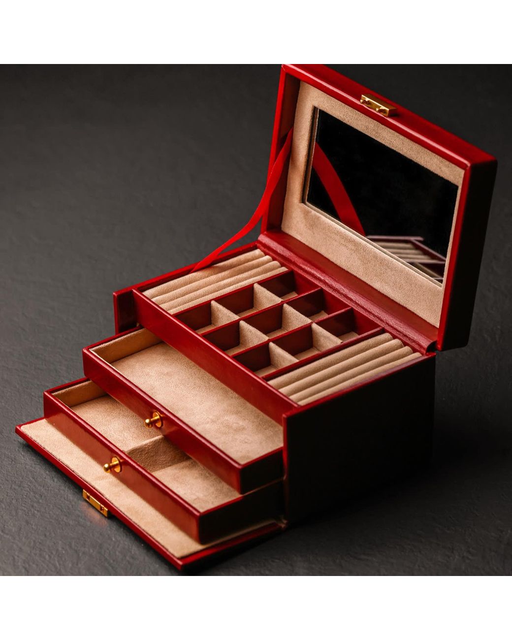 Time Resistance Red Leather Jewelry Box For