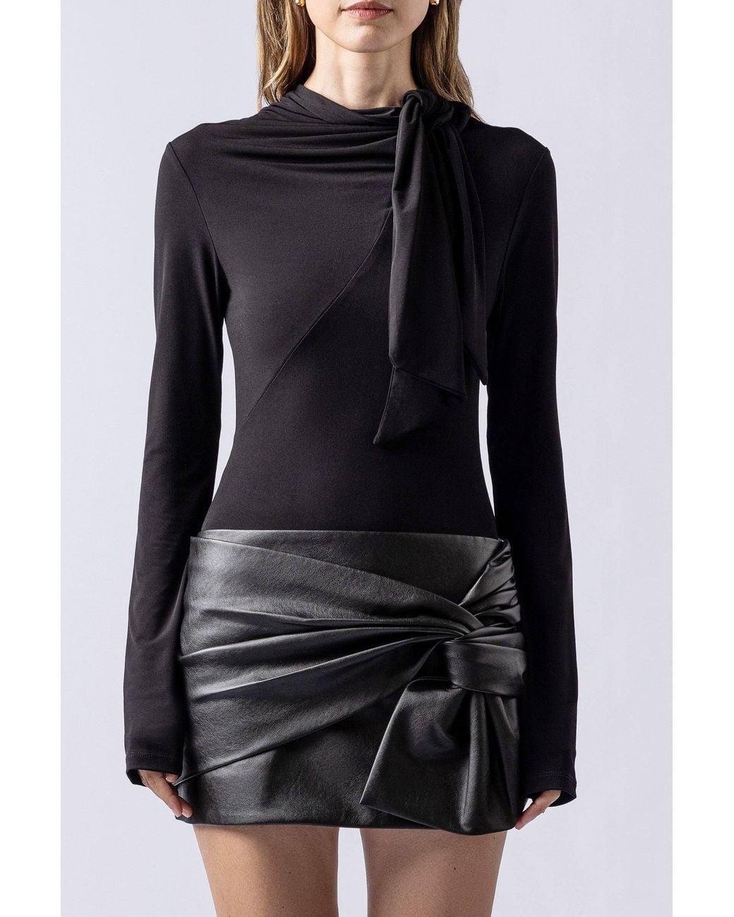 Lendrop Studios Black Yoko Bow Drape Leather Mini Skirt