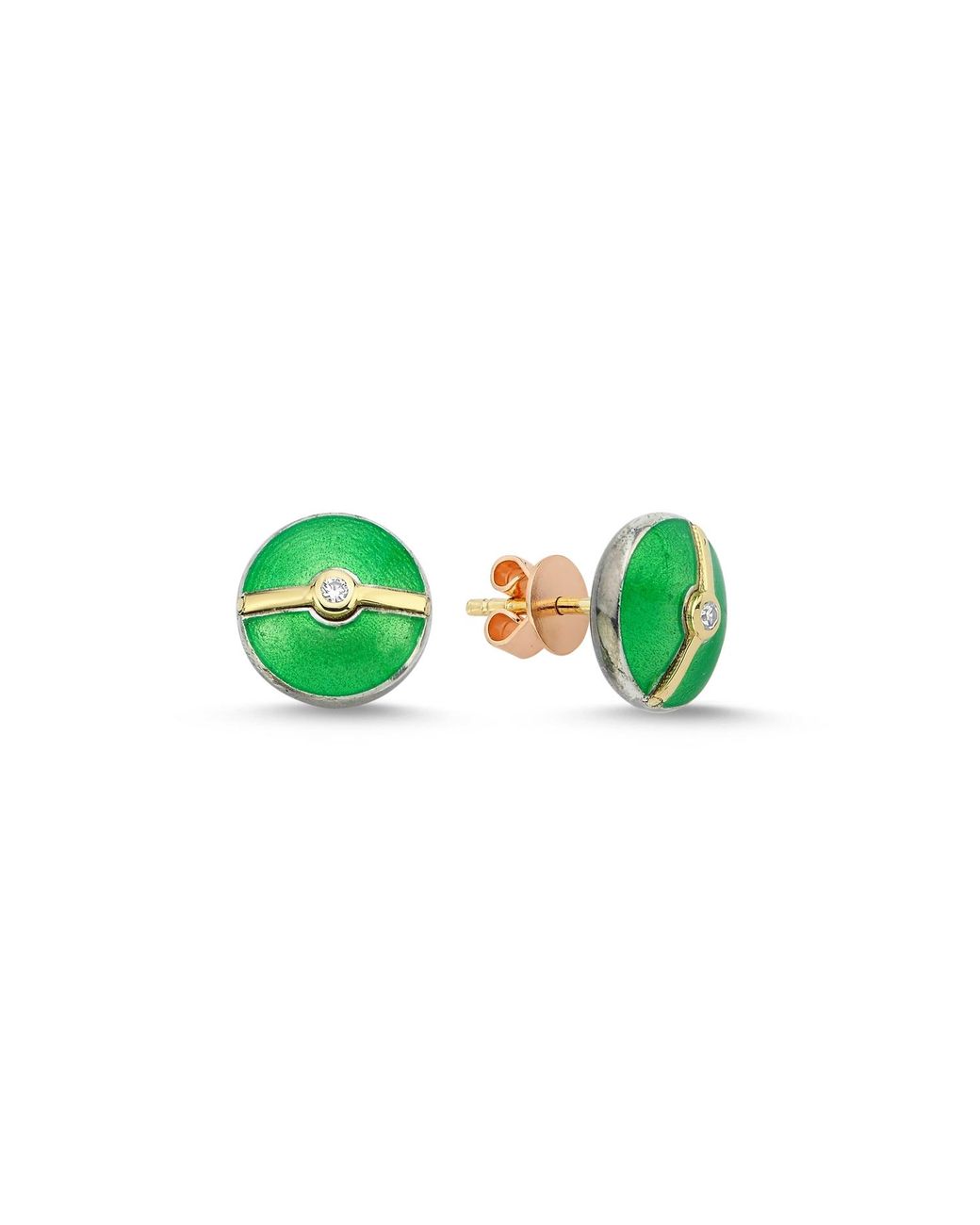 Ecce | Artisan Diamonds Green Enamelled Mini Multi Diamond Buttons 14K Earring