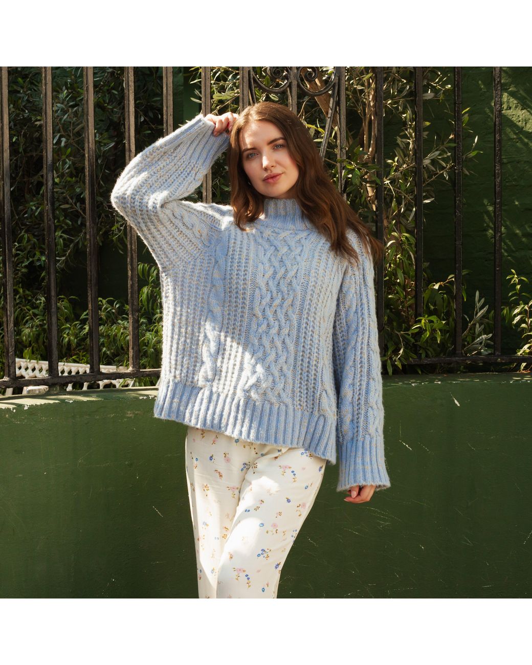 Cara & The Sky Blue Sarah High Neck Cable Wide Sleeve Jumper