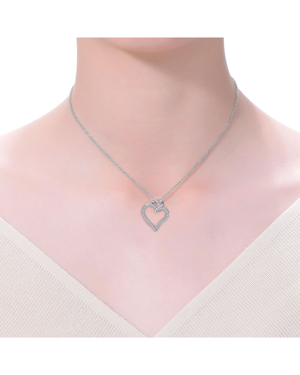 Genevive Jewelry Metallic Sterling Plated With Clear Cubic Zirconia Double Heart Pendant Necklace