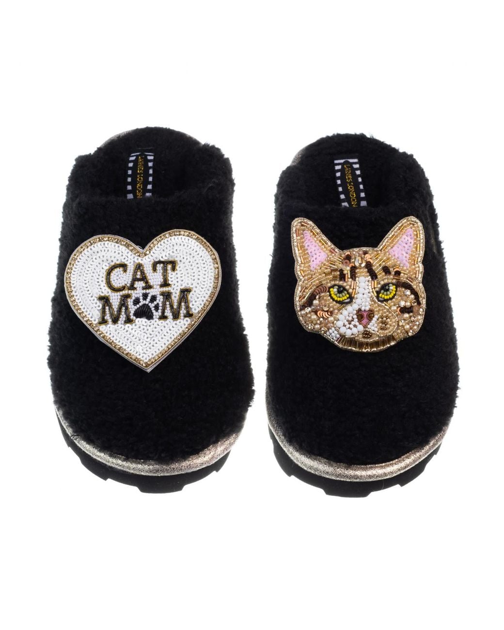 Laines London Black Teddy Closed Toe Slippers With Tabby Cat & Cat Mum Mom Brooches